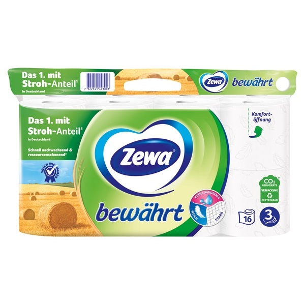 ZEWA BEWAEHRT WEISS 3- LAGIG MIT  STROHANTEIL 16 X 150 BLATT 